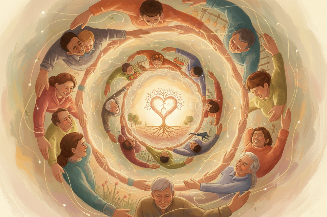 heart in the center, people spiraling from the heart outwards to show the interconnectedness of us all